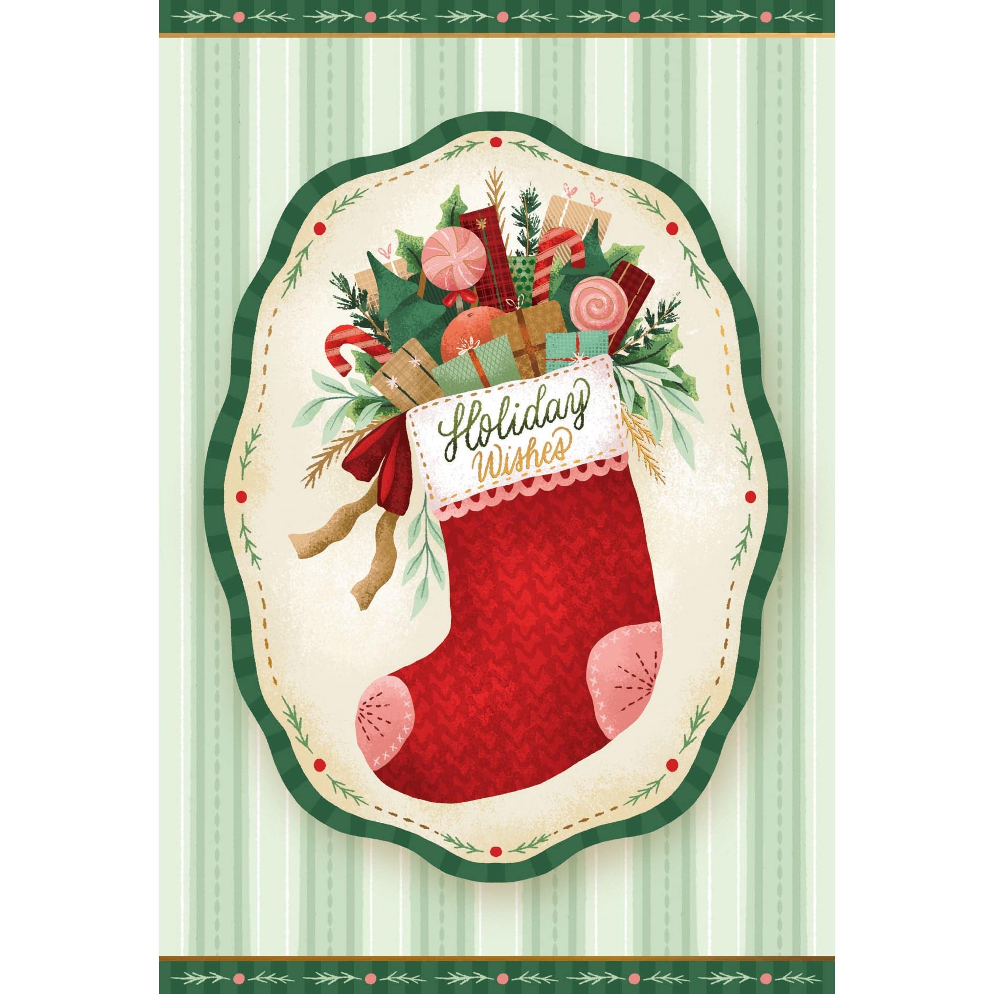 Seasonal Christmas card featuring a holiday wish stocking design by Pictura, with festive red and green accents and holiday motifs.
